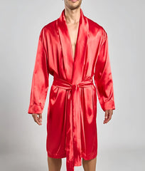 A vibrant red satin robe with long sleeves and a matching belt featuring a classic wrap design from Malebasics