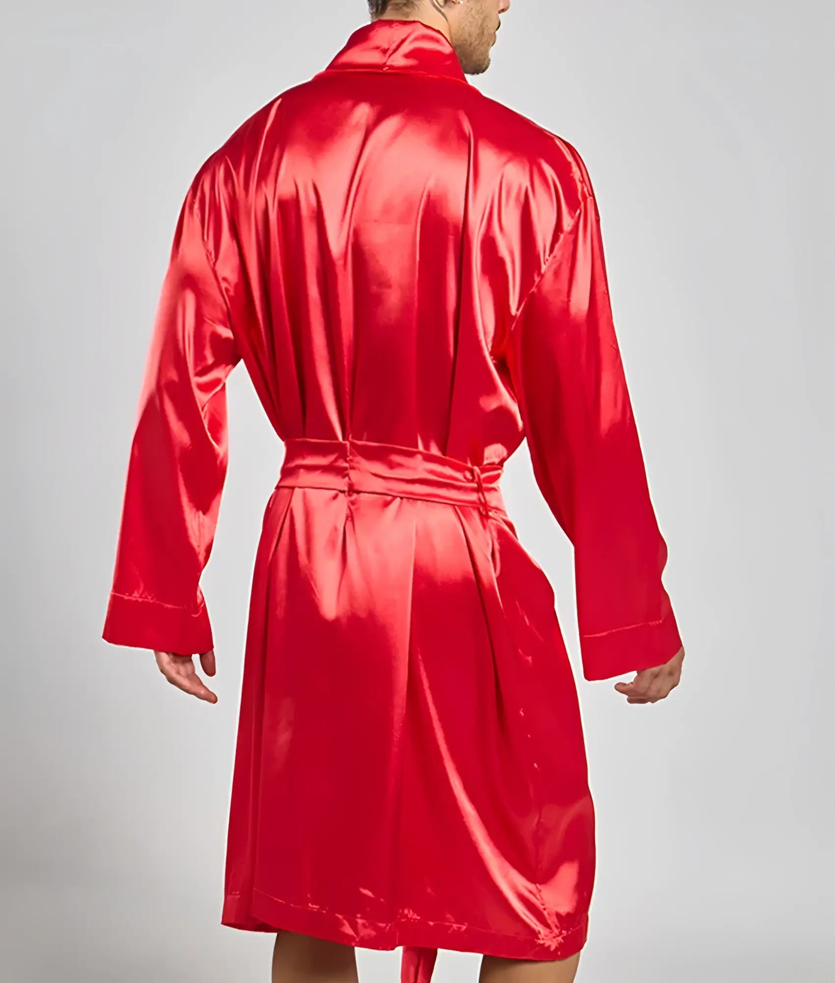 A vibrant red satin robe with high collar and matching belt from Malebasics robe satin collection