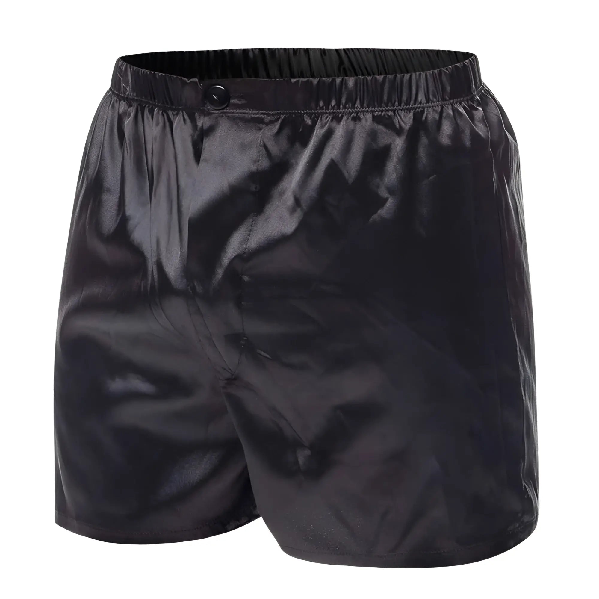 Malebasics shorts satin black satin boxer shorts with elastic waistband and single button closure front view