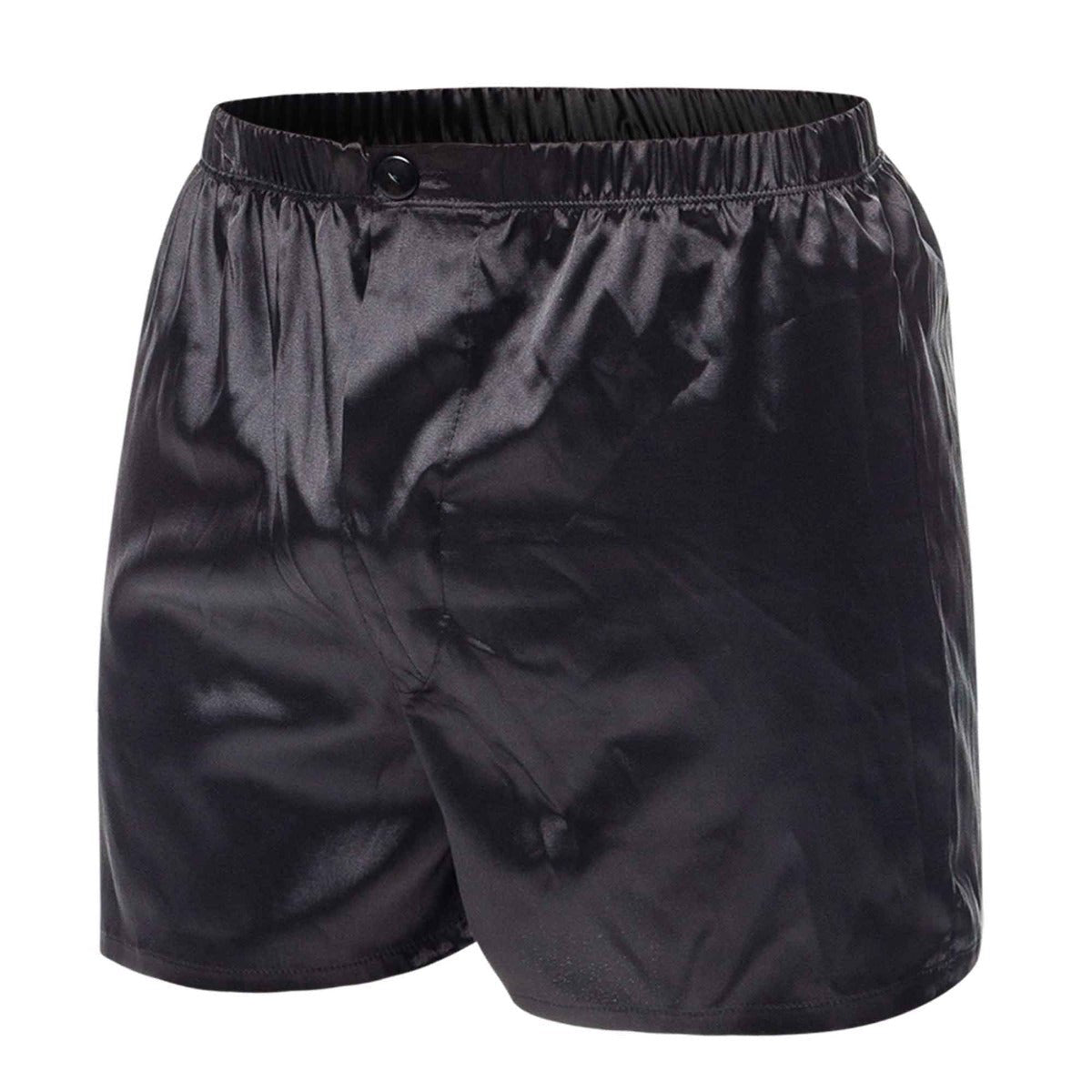 Malebasics shorts satin black satin boxer shorts with elastic waistband and single button closure front view