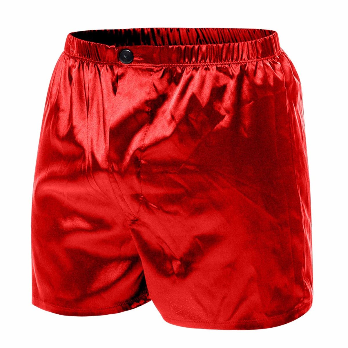 Malebasics shorts satin red satin boxer shorts with black button at the waistband front view