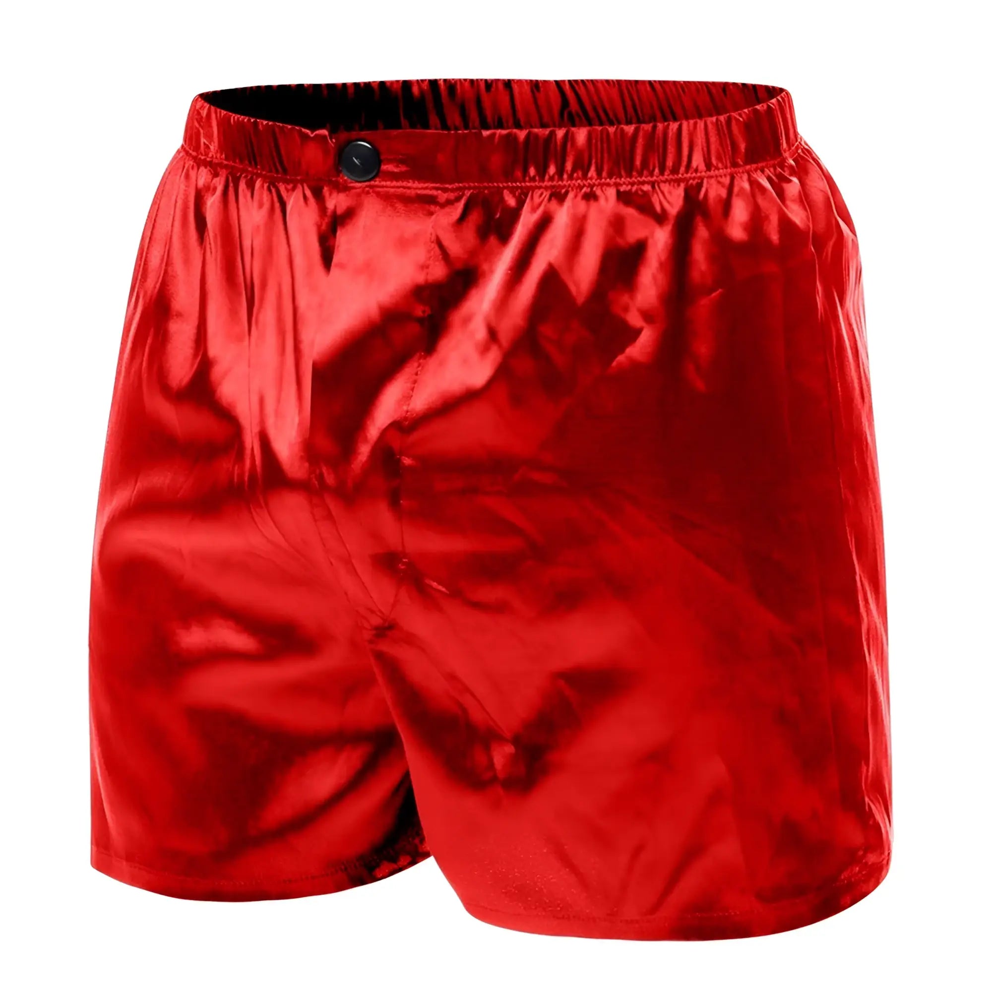 Red satin malebasics shorts with a black button on the waistband for comfortable stylish wear