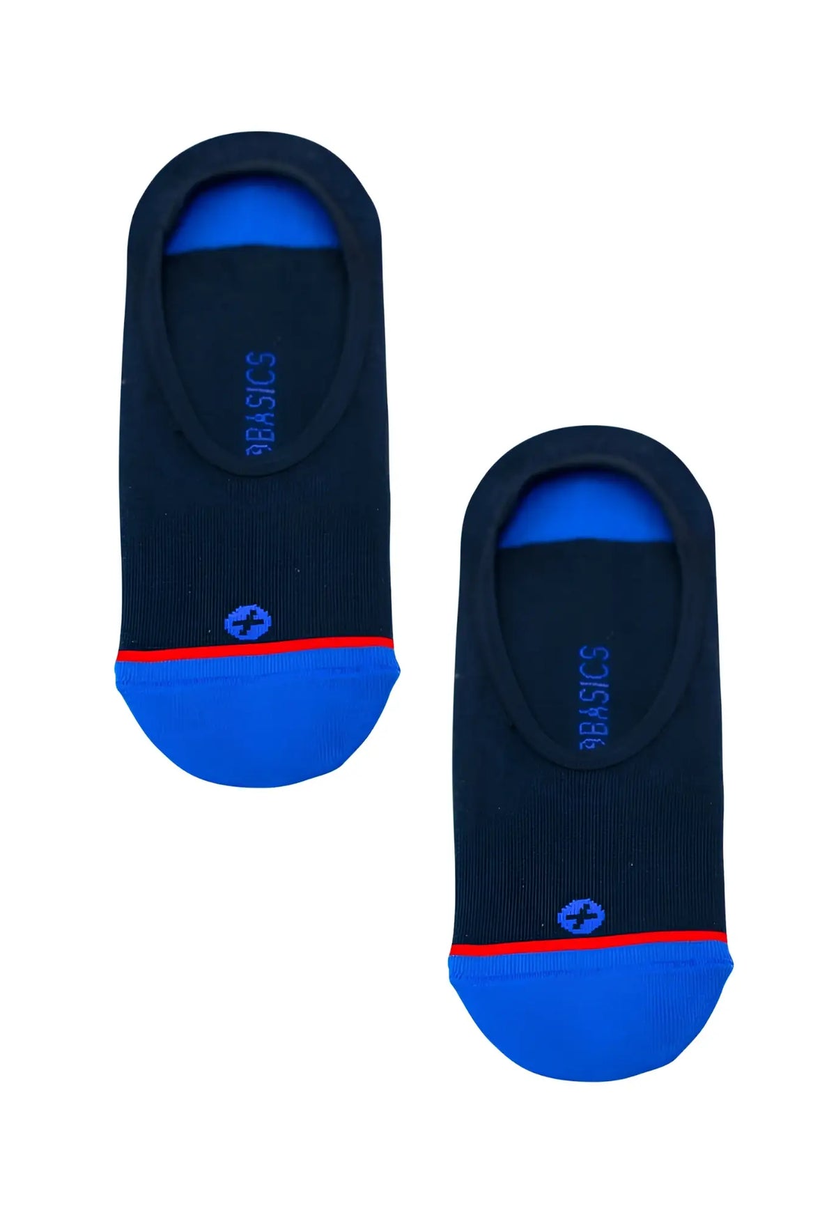 MaleBasics no-show socks black with blue toe and heel accents red sole stripe and white stumble branding