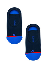MaleBasics no-show socks black with blue toe and heel accents red sole stripe and white stumble branding