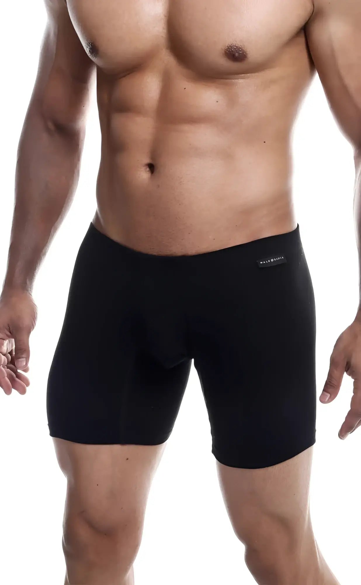 Black malebasics silver boxer briefs with smooth form-fitting fabric and subtle brand tag on waistband front view
