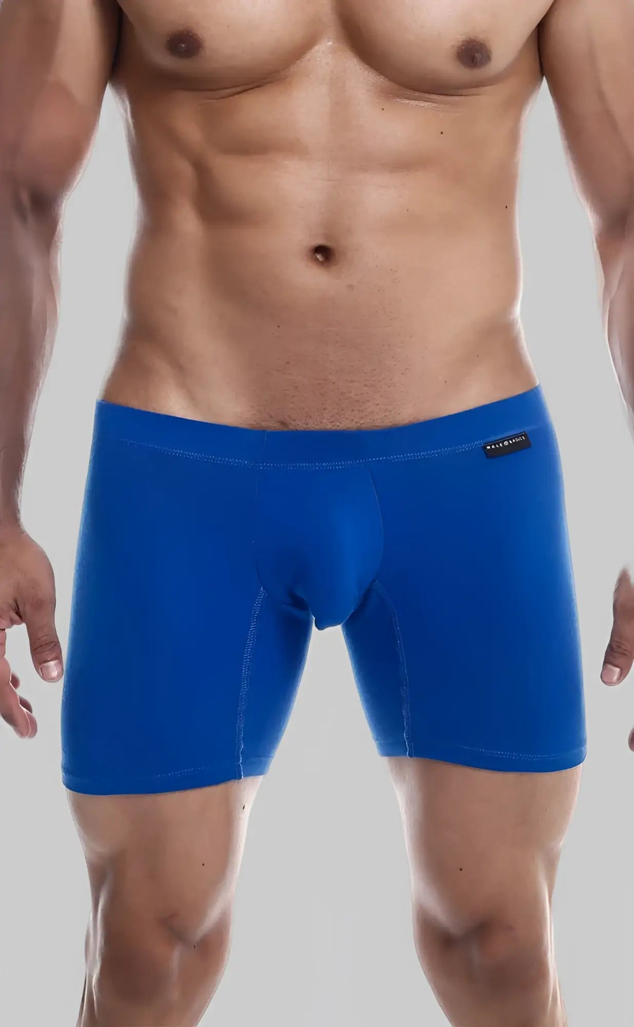 Vibrant blue malebasics silver boxer briefs with smooth form-fitting fabric and subtle brand tag on waistband