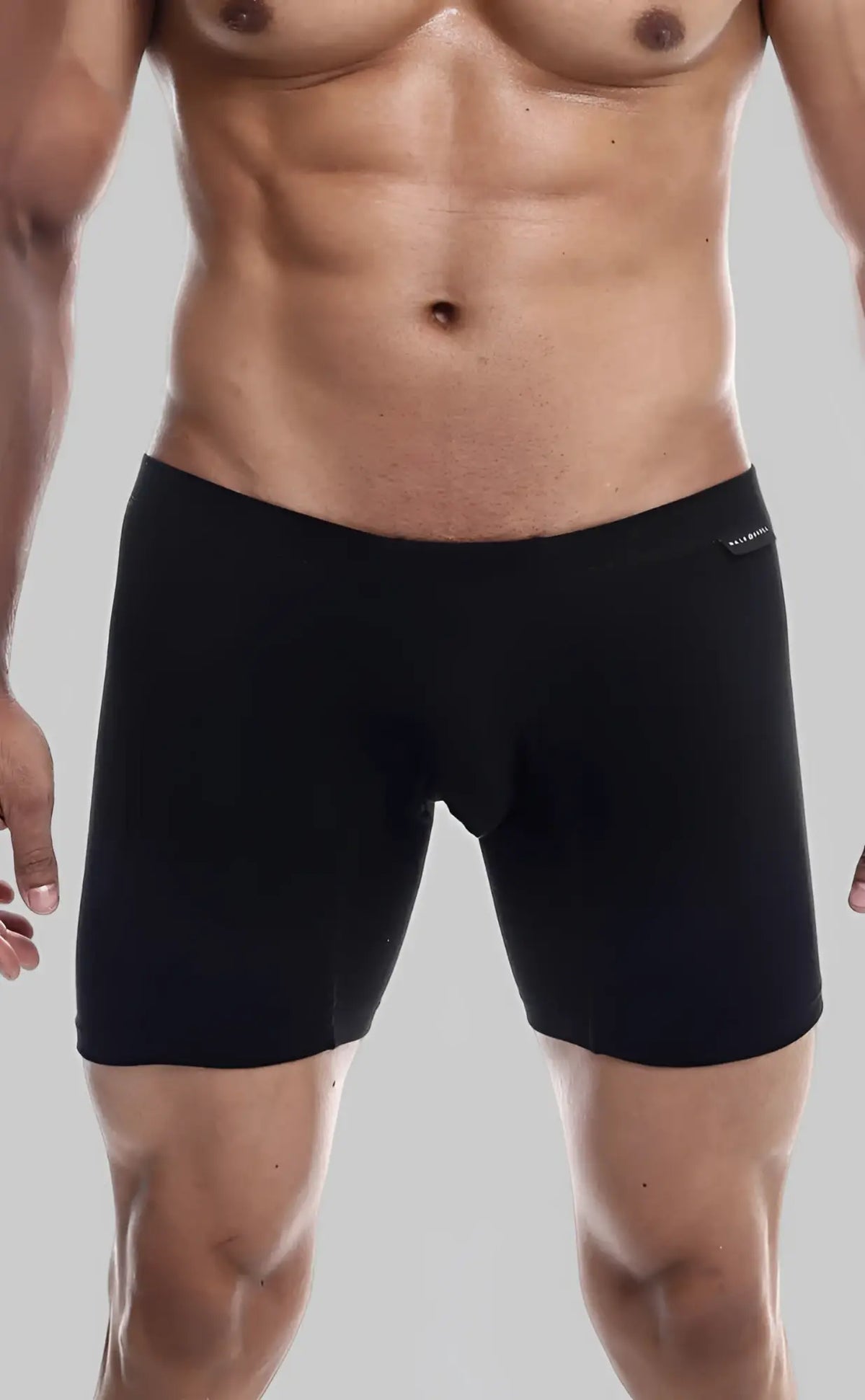 Malebasics silver plus black boxer brief with smooth form-fitting fabric and subtle logo on waistband front view