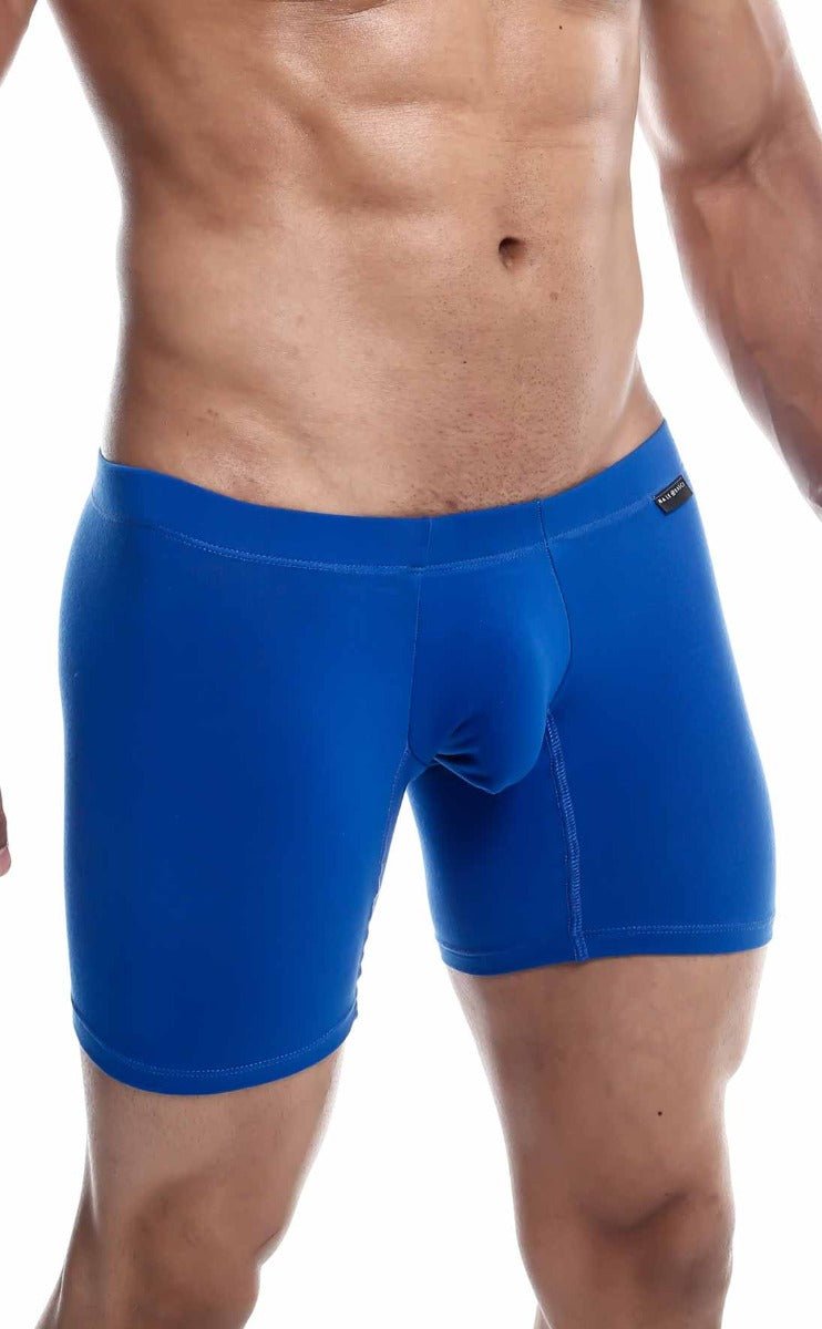Malebasics silver plus bright blue form-fitting boxer briefs with smooth stretchy fabric and contoured design