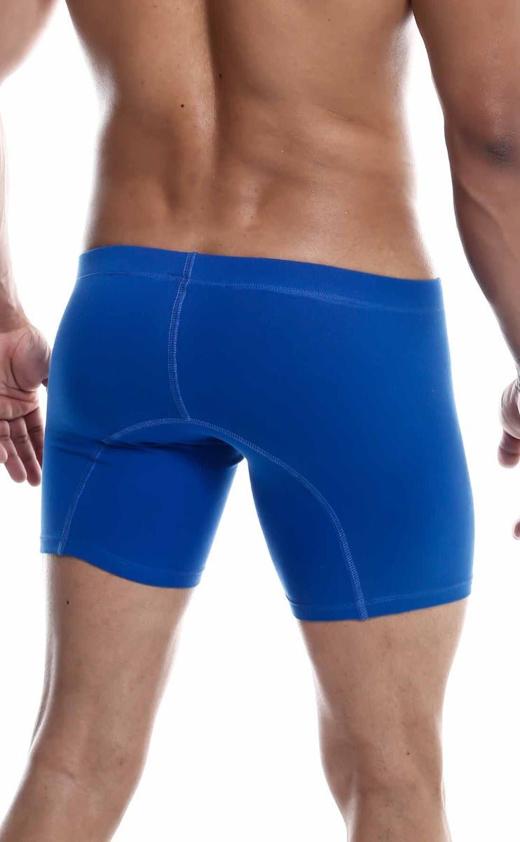 Bright blue malebasics silver boxer brief with snug fit and subtle stitching details in athletic design