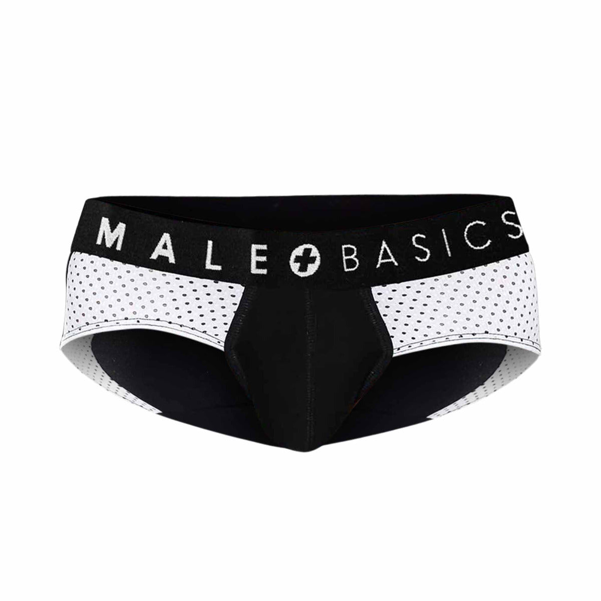 Black and white mesh-patterned malebasics spot brief underwear with branded waistband for men
