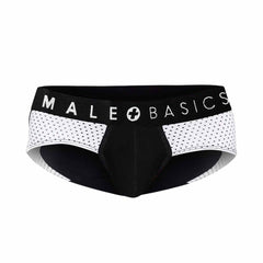 Black and white mesh-patterned malebasics spot brief men’s underwear with branded waistband front view