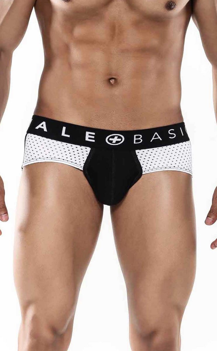 MaleBasics spot brief black patterned briefs with mesh side panels and ale basi branding on the waistband