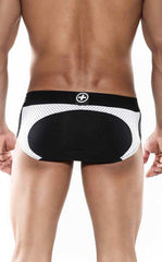 Back view of malebasics spot brief black black and white mesh briefs with solid black panel and circular logo waistband
