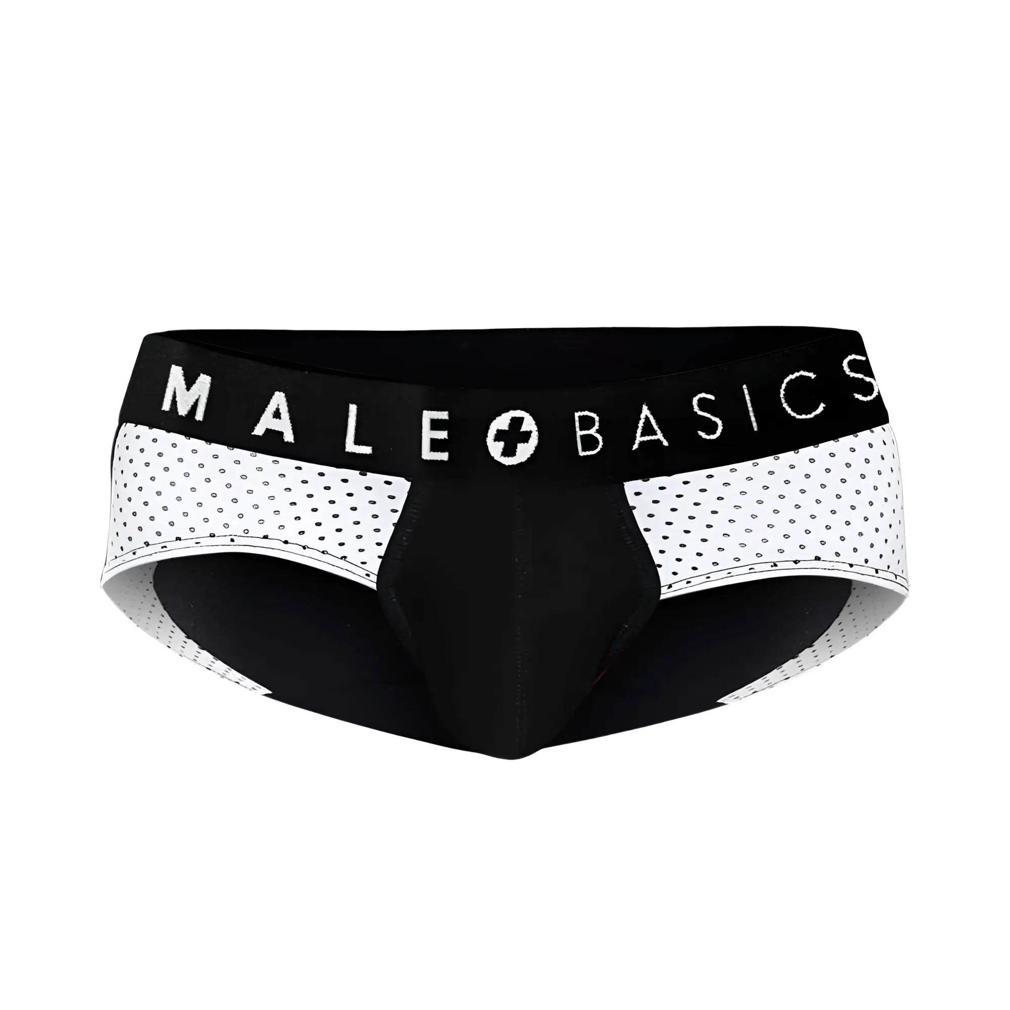 Black and white mesh-patterned men’s brief underwear with male basics branding on the waistband