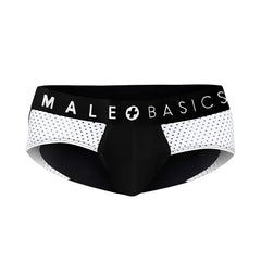 Black and white mesh-patterned men’s brief underwear with male basics branding on the waistband
