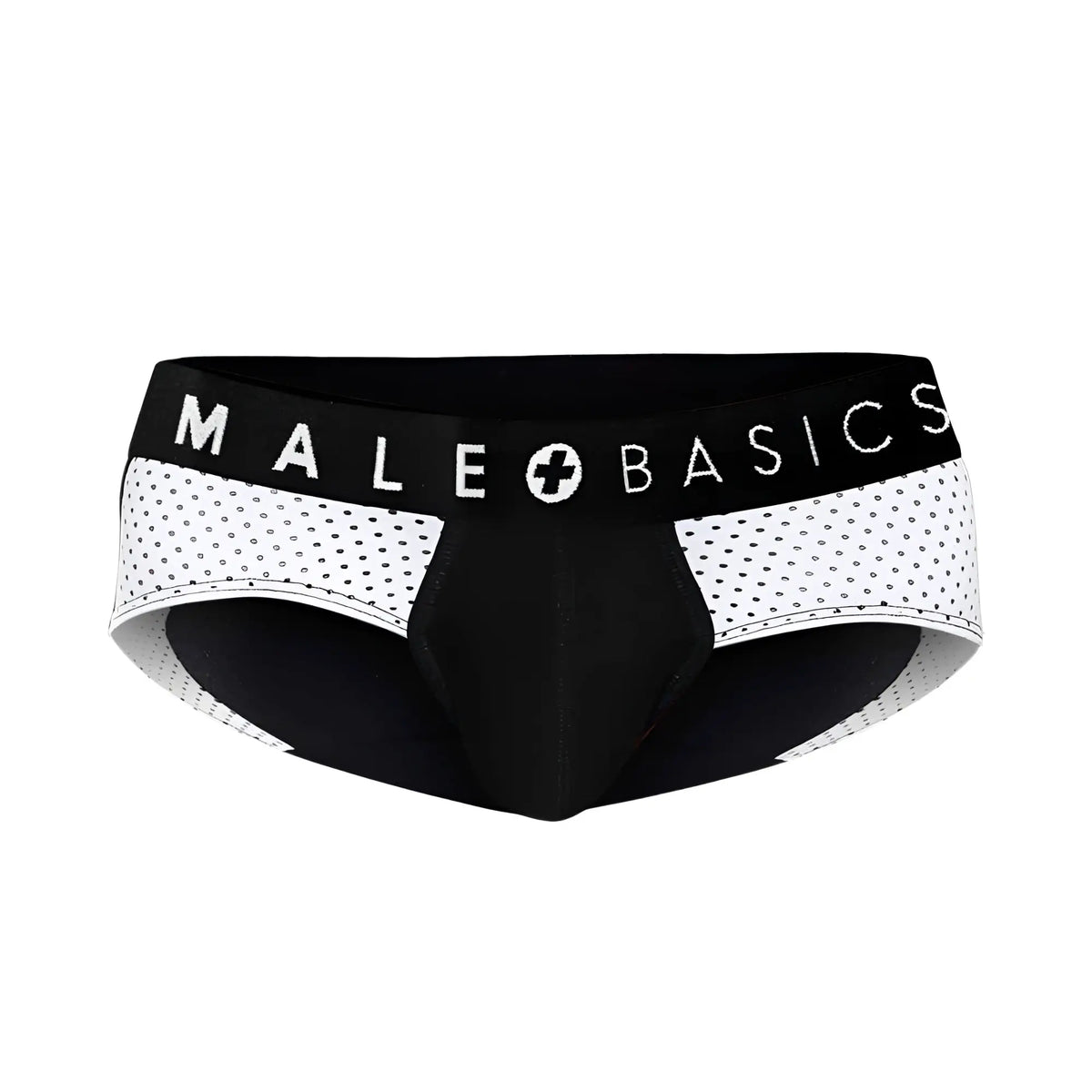 Black and white mesh-patterned men’s underwear brief with male basics branding on waistband for comfortable wear