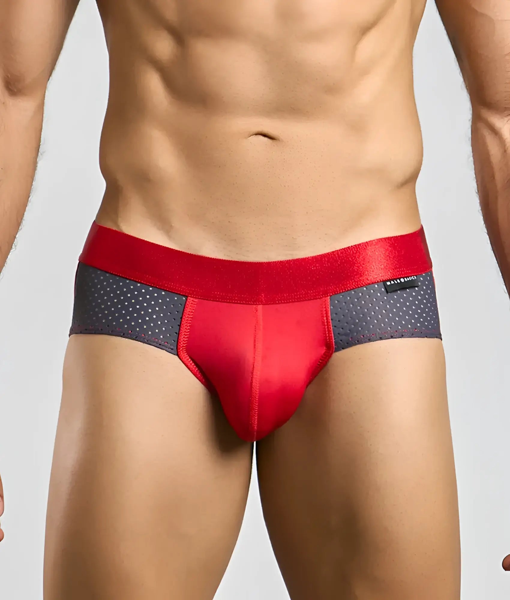 Malebasics spot brief red athletic briefs with satin-like waistband and red and gray dotted mesh panels