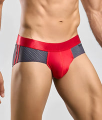 Malebasics spot brief red athletic briefs with satin waistband and gray perforated side panels for activewear