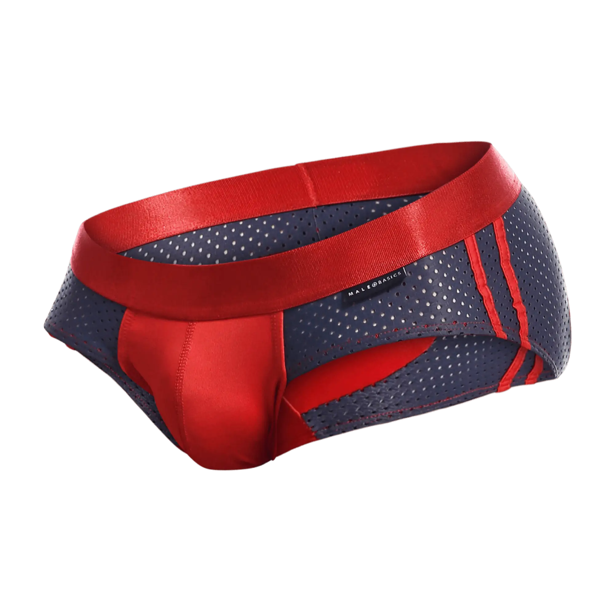 Red and navy blue perforated malebasics spot brief with satin red waistband and bold red side stripes