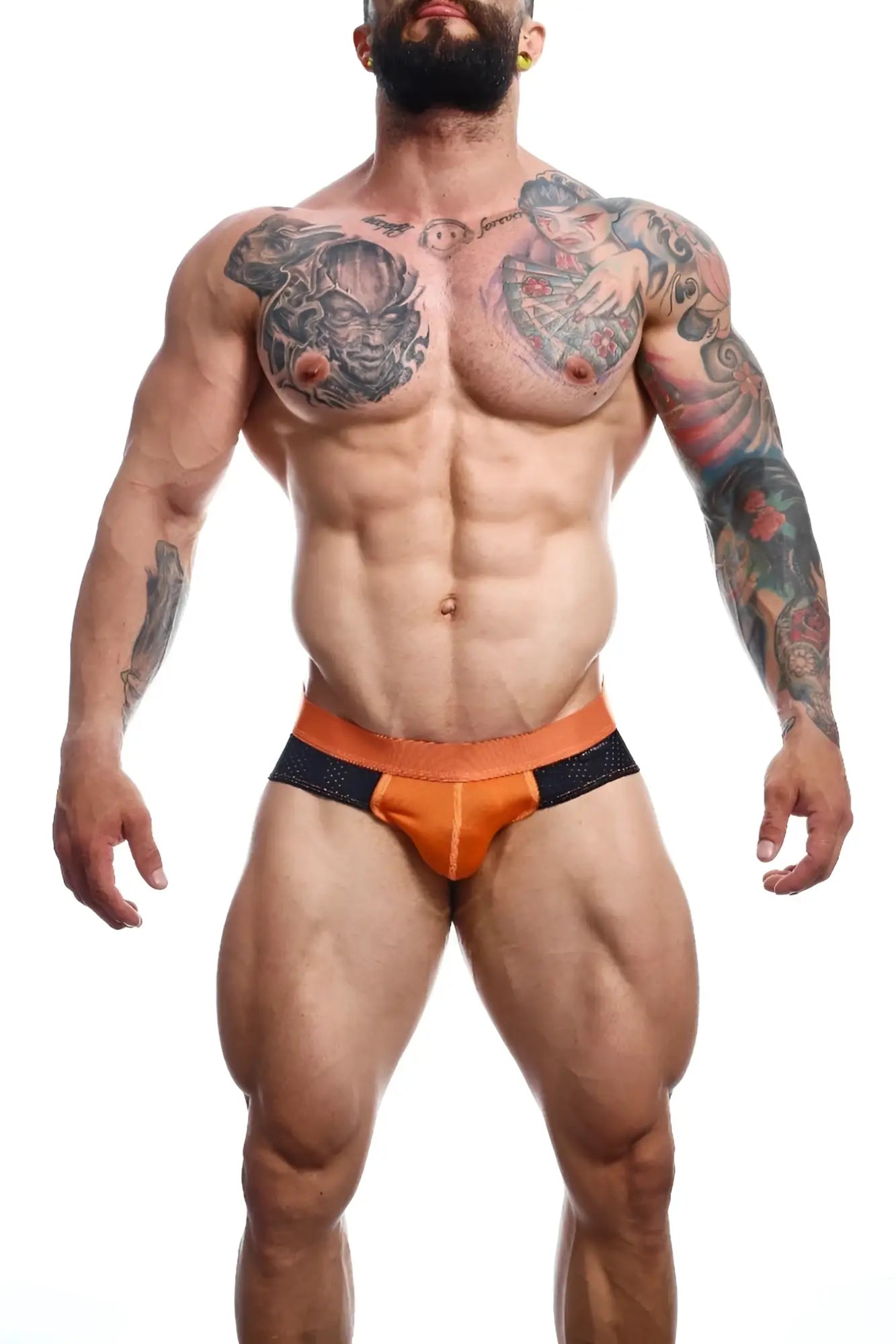 MaleBasics spot brief red athletic briefs in orange and black with a perforated waistband for comfort and support