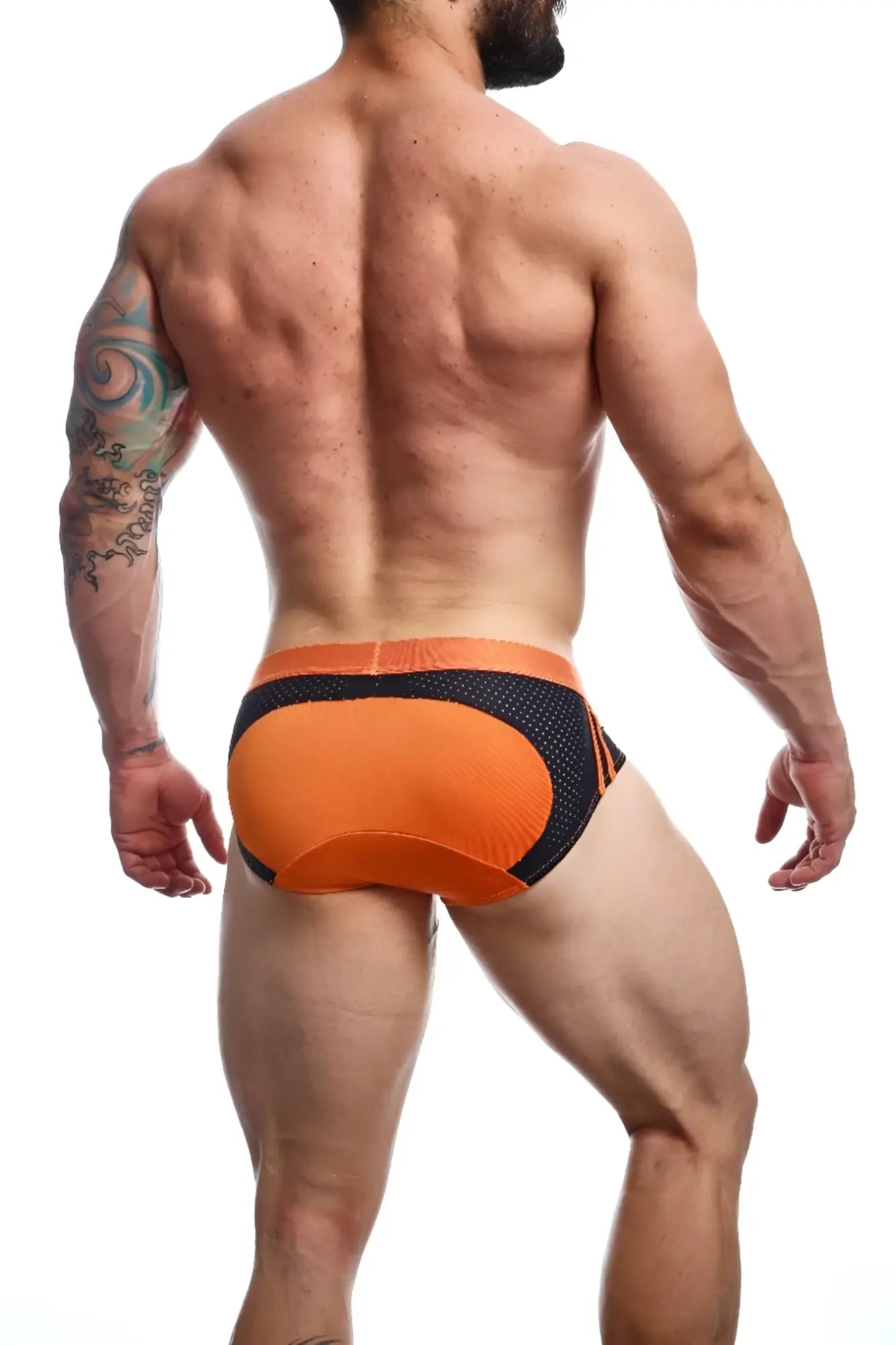 MaleBasics spot brief red orange and black mesh swim trunks with contoured design for active swimming