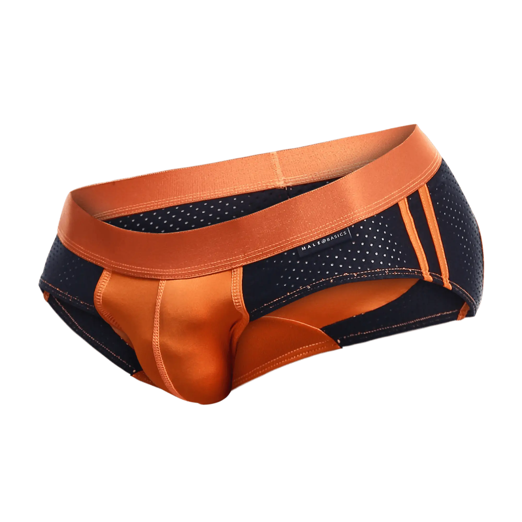MaleBasics Spot Brief-Red athletic briefs in orange and navy blue with perforated mesh and satin orange trim and three stripes
