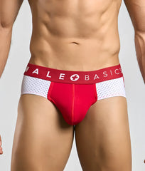 Red and white male basics spot briefs with perforated design for breathable comfort and support