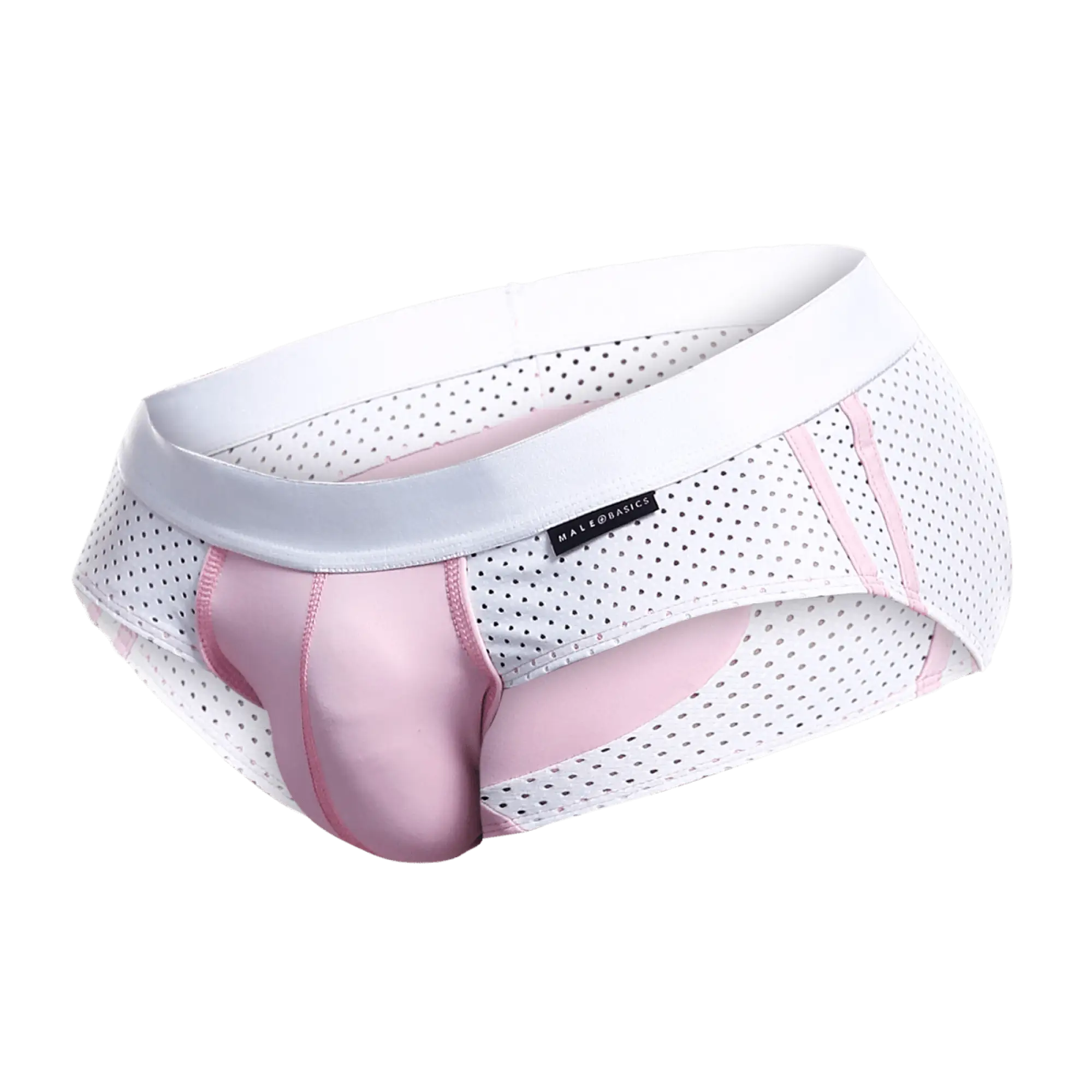 Malebasics spot brief red mesh briefs in white and pink with perforated design and satin-like pink panel