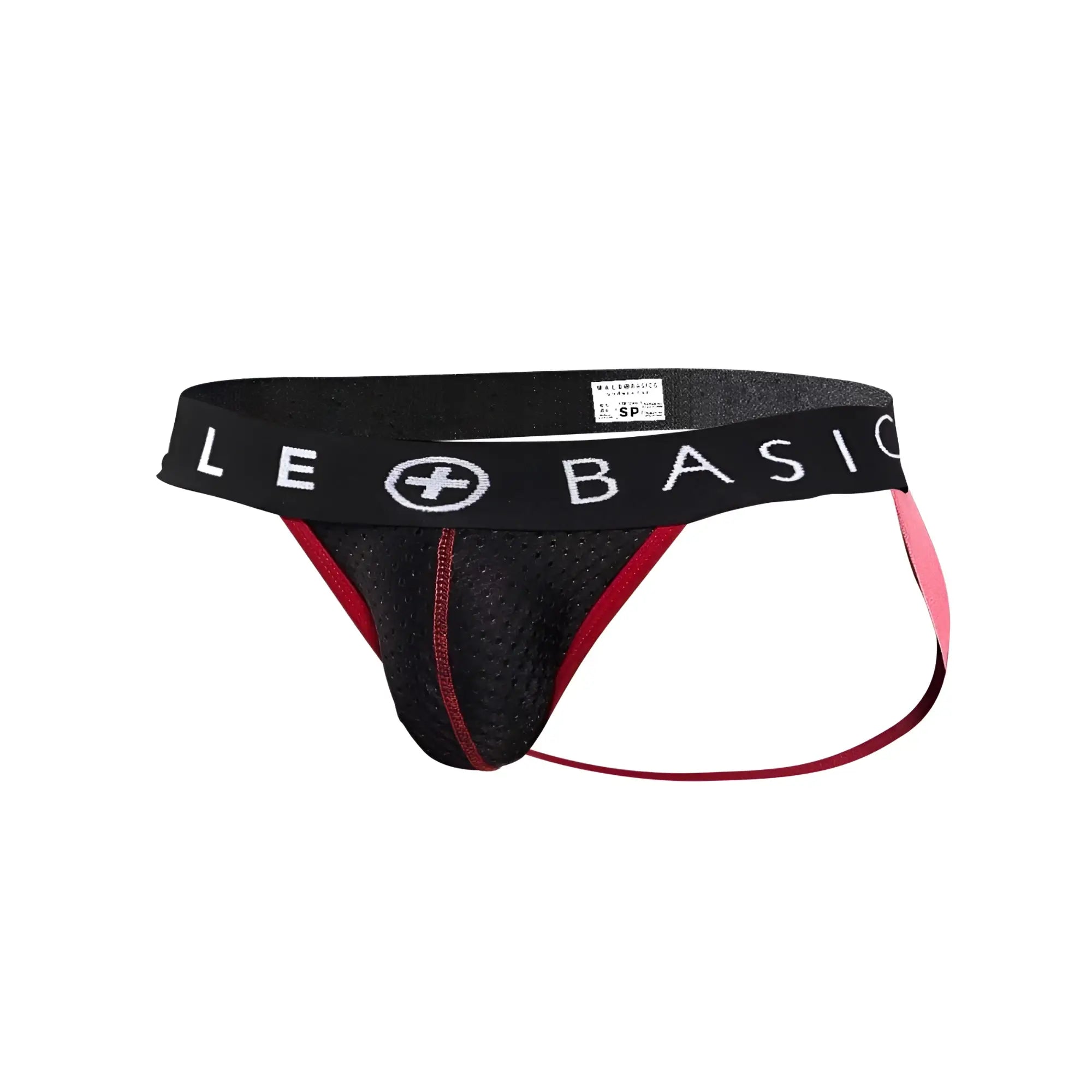 Malebasics spot jockstrap black black and pink mesh athletic brief with branded waistband front view