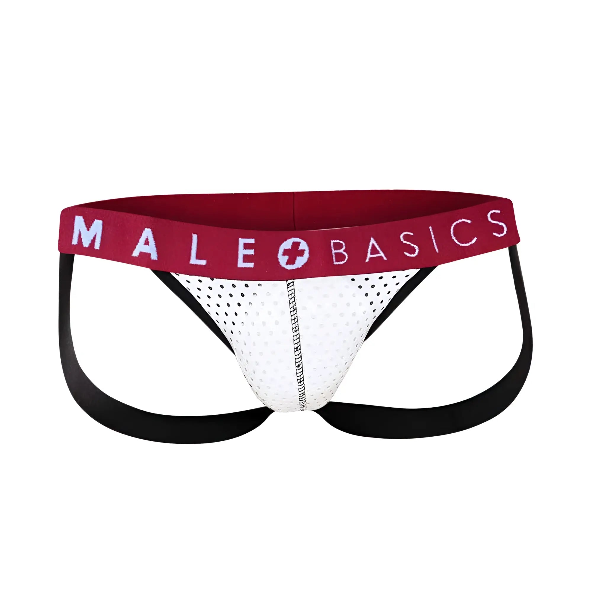 Malebasics spot jockstrap white mesh male briefs with red waistband featuring male basics logo and black side straps