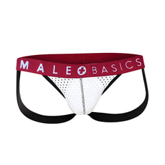 Malebasics spot jockstrap white mesh male briefs with red waistband featuring male basics logo and black side straps