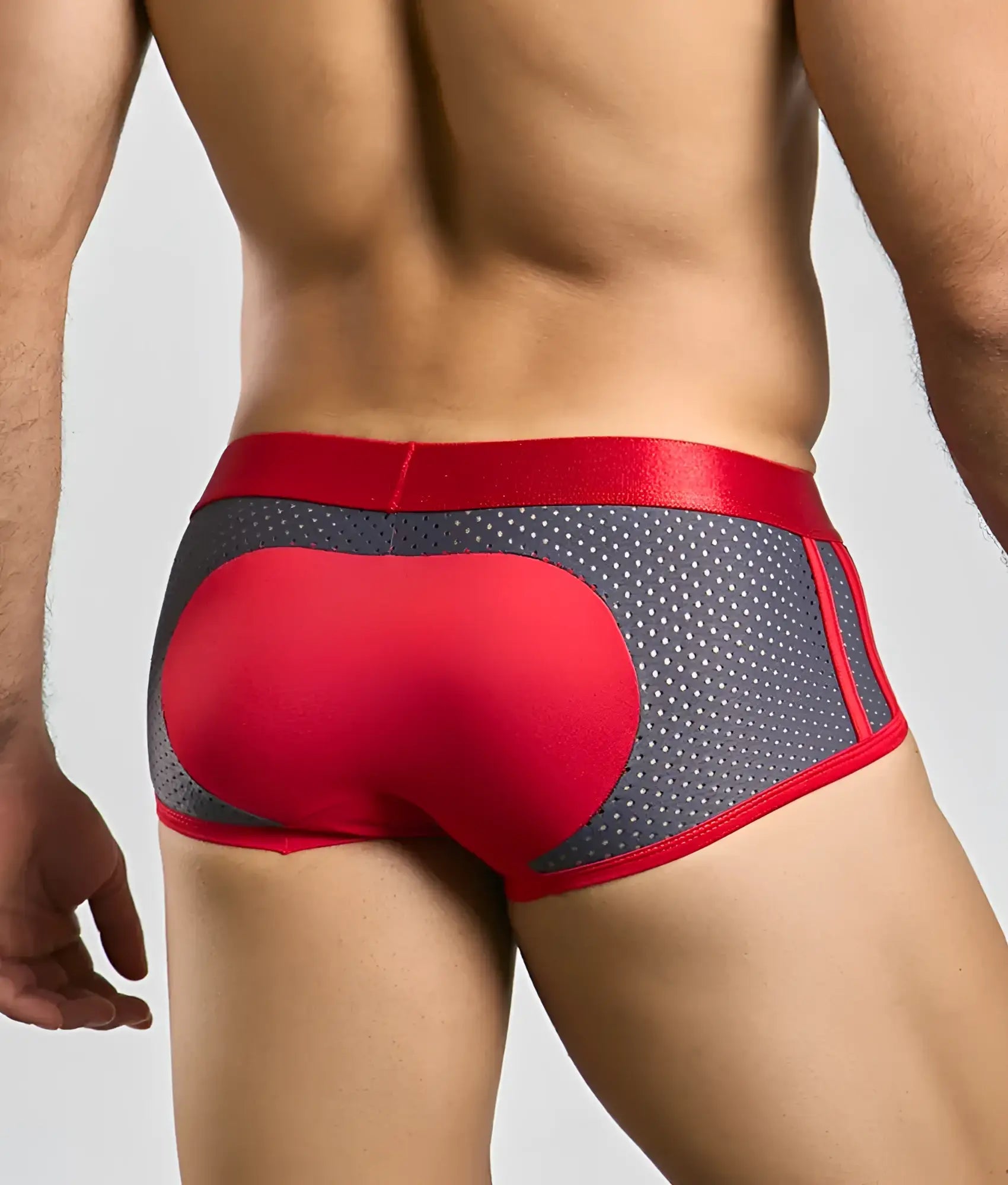 Malebasics spot new sexier trunk pink athletic briefs with red and gray perforated mesh and bold red trim