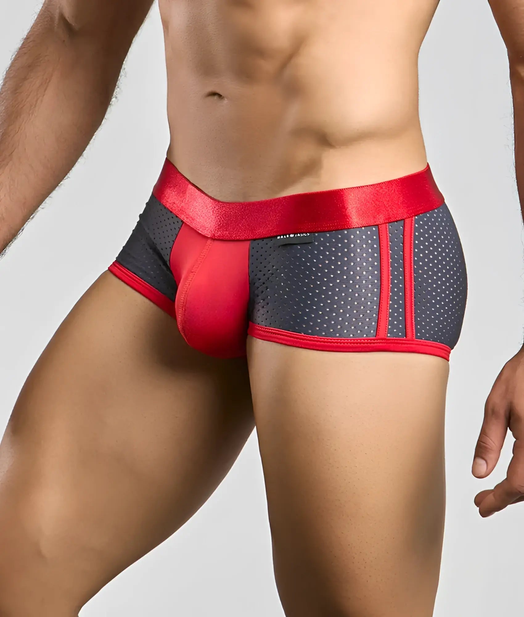 Malebasics spot new sexier trunk pink athletic briefs in red and gray with satin waistband and perforated mesh panels