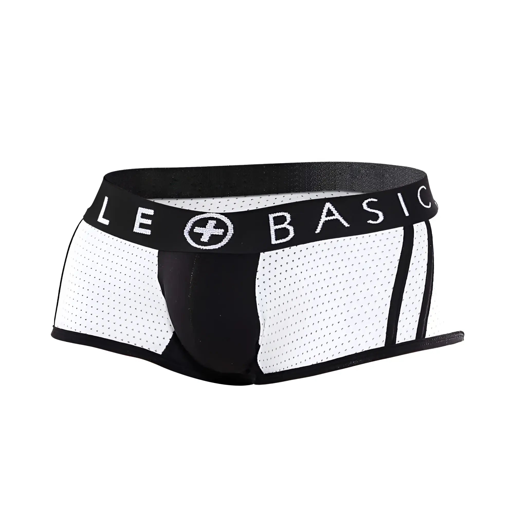 Malebasics spot new sexier trunk pink white and black mesh briefs with branded elastic waistband visible from front