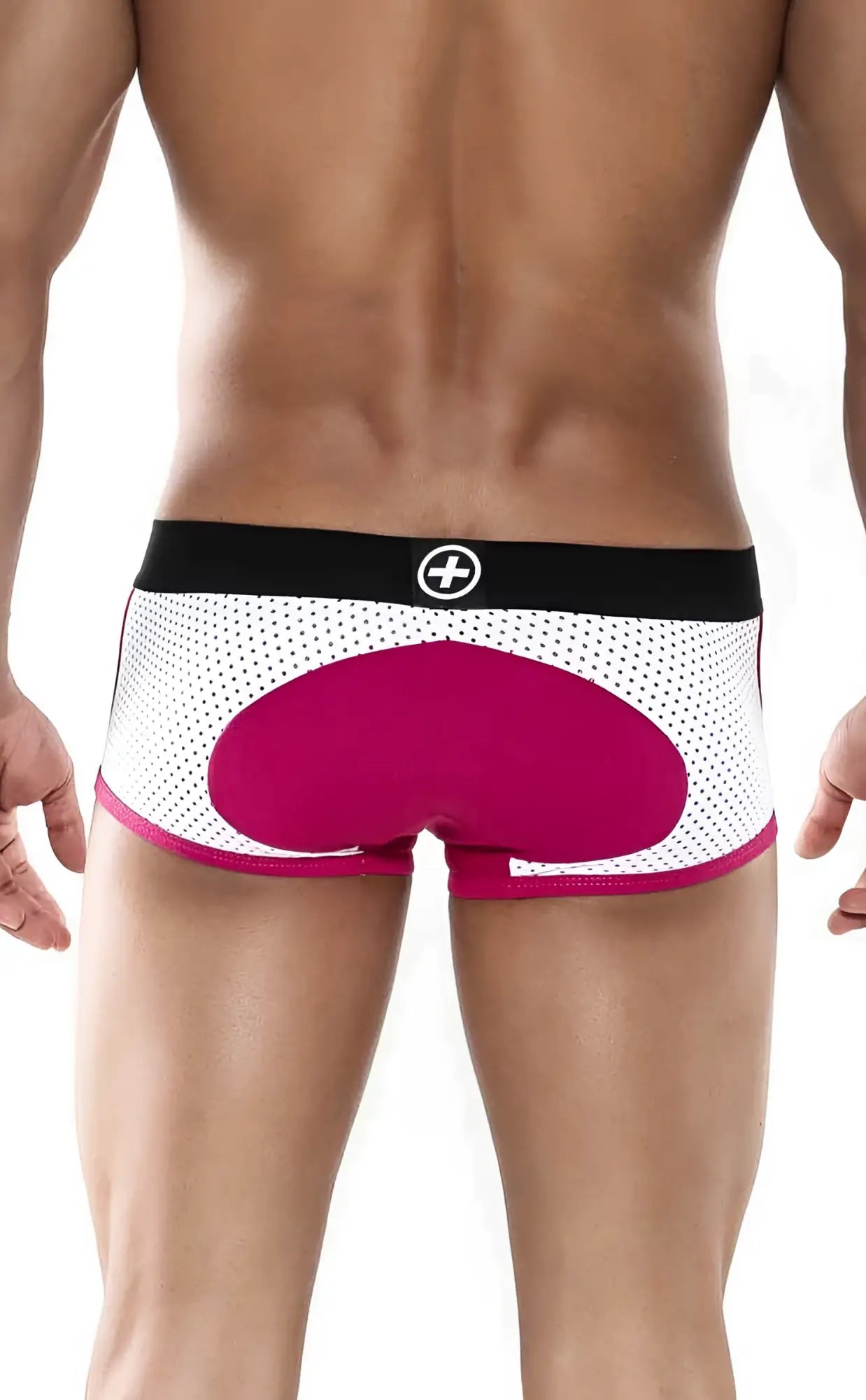 Back view of malebasics spot new sexier trunk pink white mesh briefs with magenta rear panel and black waistband plus logo