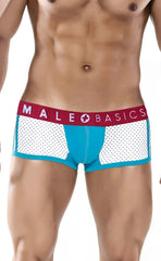 Blue and white mesh mens briefs with a red waistband featuring the male basics logo in the spot new sexier trunk