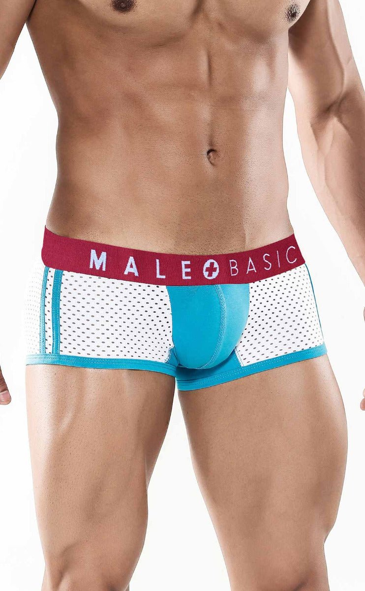 Men’s blue and white mesh briefs with red waistband and male basic logo from malebasics spot new sexier trunk turquoise collection