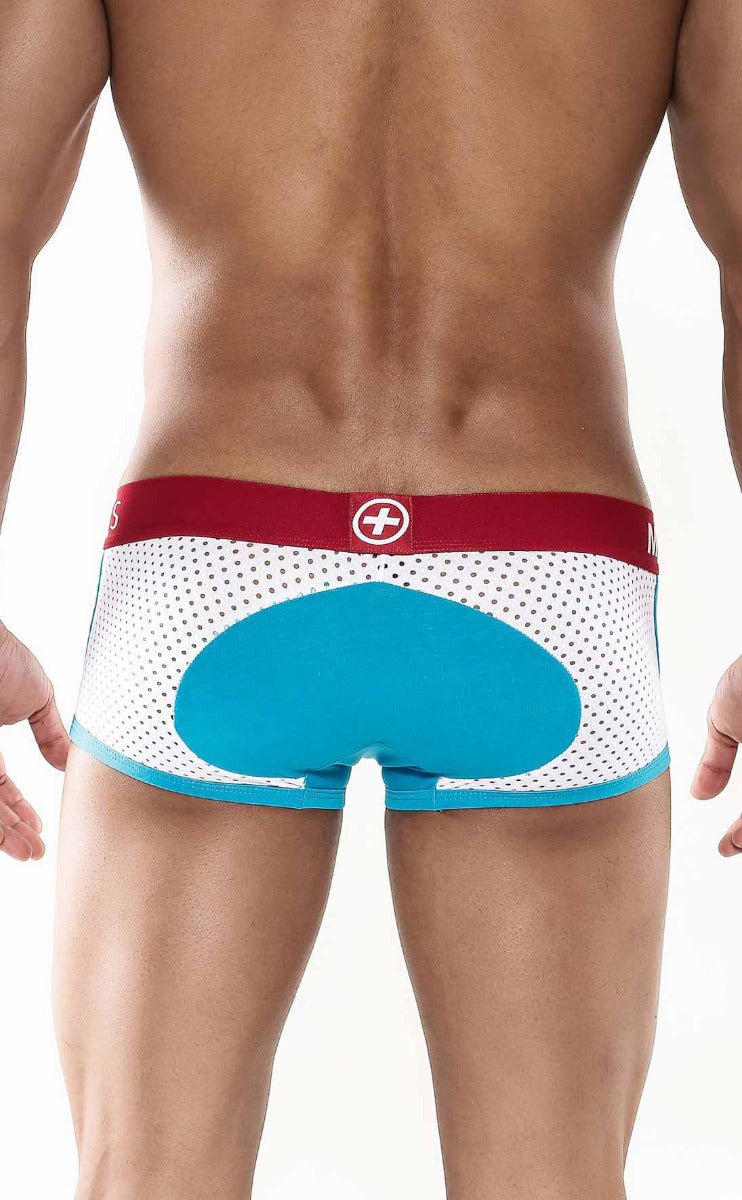 White mesh briefs with bold turquoise panel and red waistband featuring white cross logo from malebasics spot new sexier trunk
