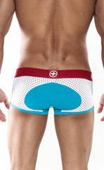 White mesh briefs with bold turquoise panel and red waistband featuring white cross logo from malebasics spot new sexier trunk