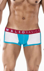 Blue and white mesh mens briefs with a red waistband featuring the male basics logo in the spot new sexier trunk-turquoise design