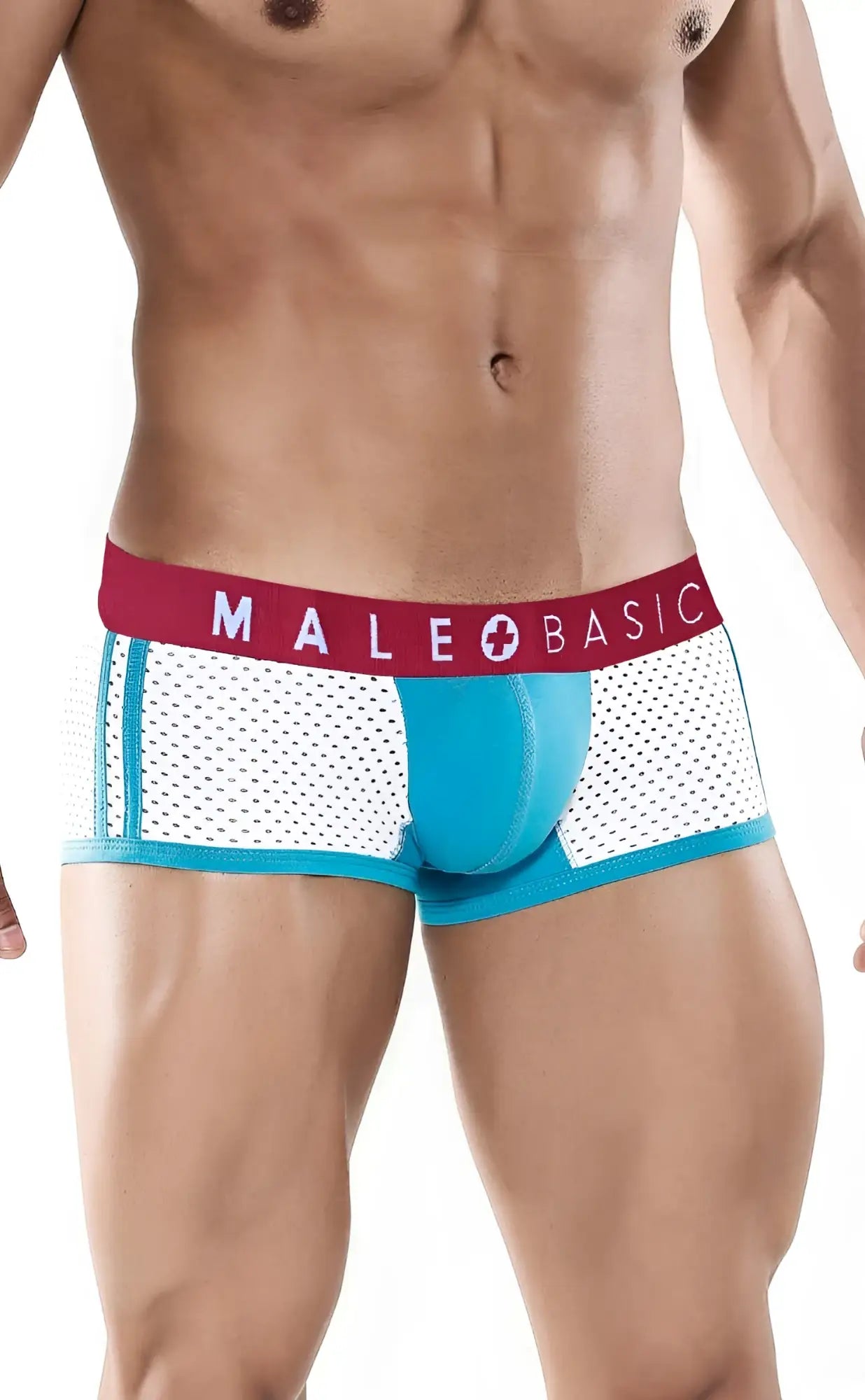 Men’s blue and white mesh briefs with red waistband and male basic logo from malebasics spot new sexier trunk
