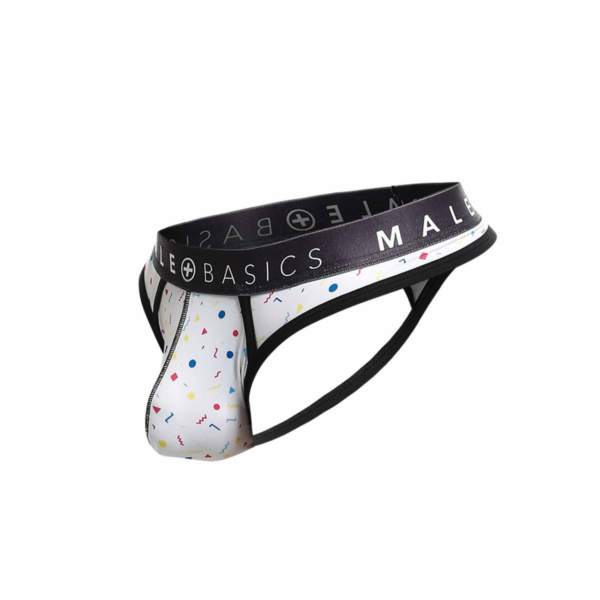 Male basics white mens briefs with playful multicolored confetti pattern and black branded elastic waistband