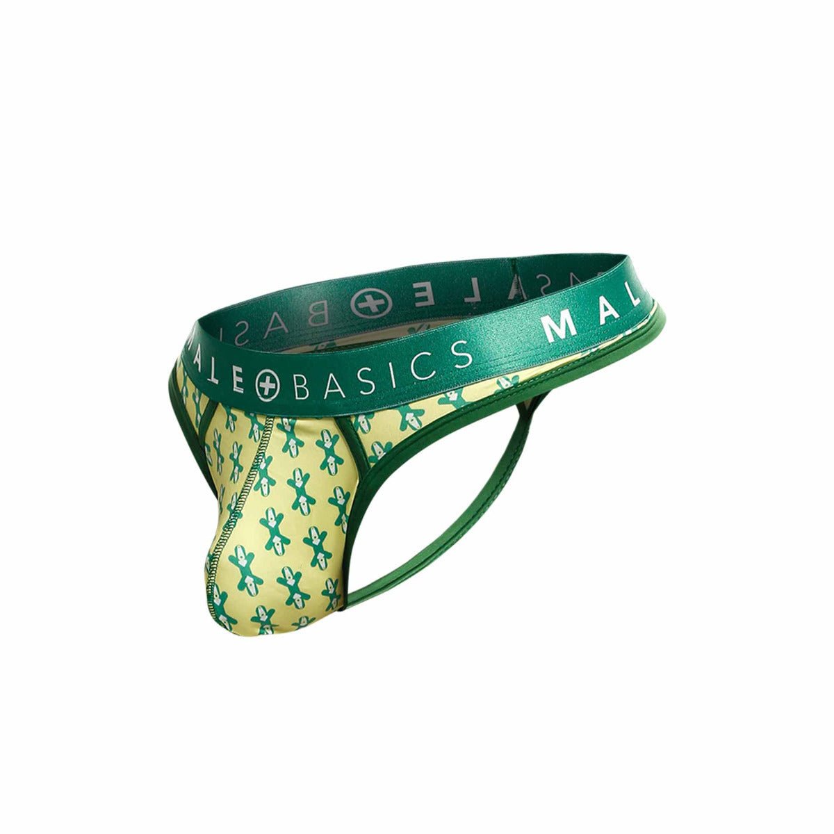 Malebasics mens thong sexy pouch in green and yellow patterned fabric with a branded waistband for a bold look