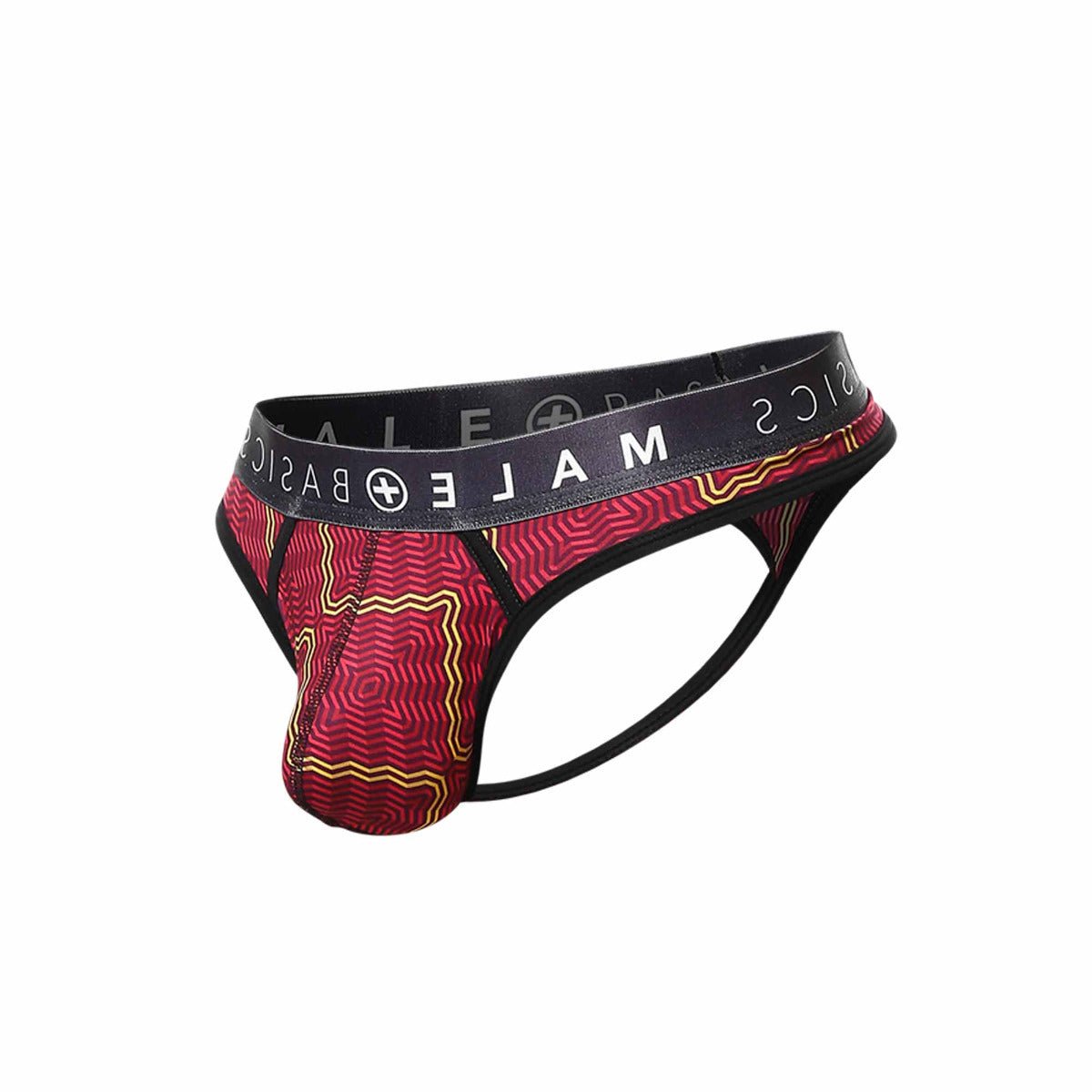 Malebasics mens thong sexy pouch in red and gold pattern with black waistband featuring male basics logo