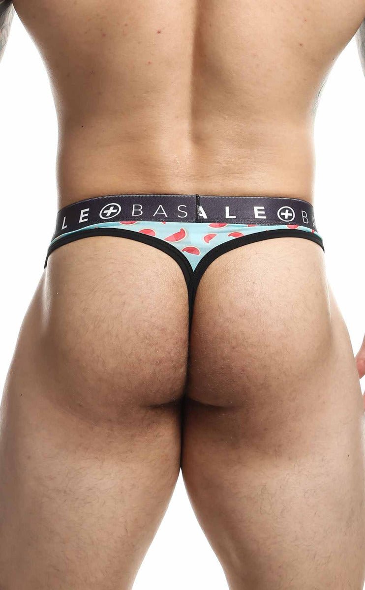 Malebasics mens thong sexy pouch in light blue with red chili pepper pattern and black elastic waistband le basale branding