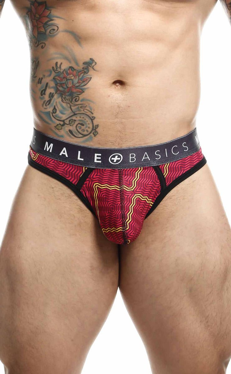 Malebasics mens thong sexy pouch in red and black patterned fabric with comfortable pouch and waistband
