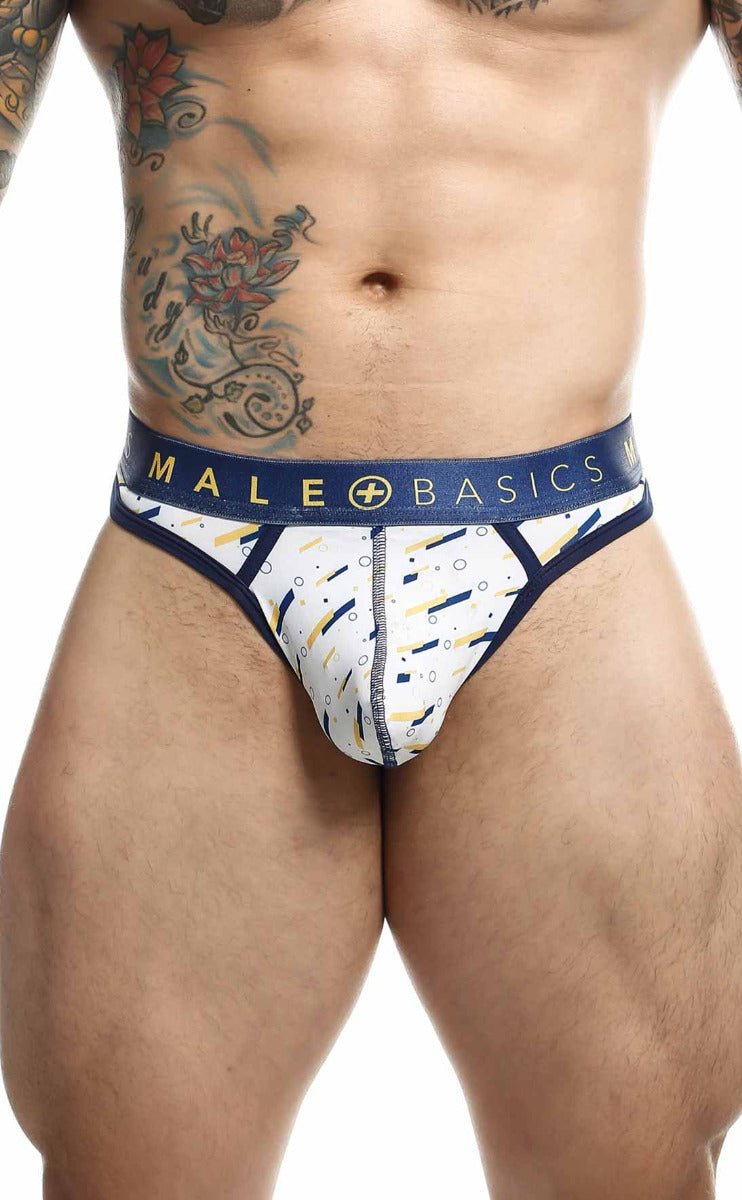 Malebasics mens thong sexy pouch in white and navy blue geometric patterned briefs with branded waistband