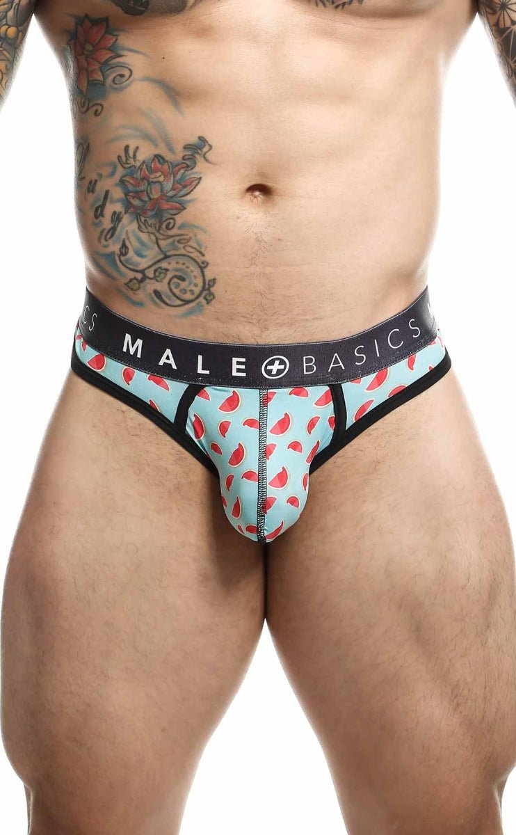 Malebasics men’s thong sexy pouch in light blue watermelon pattern with black trim and branded waistband