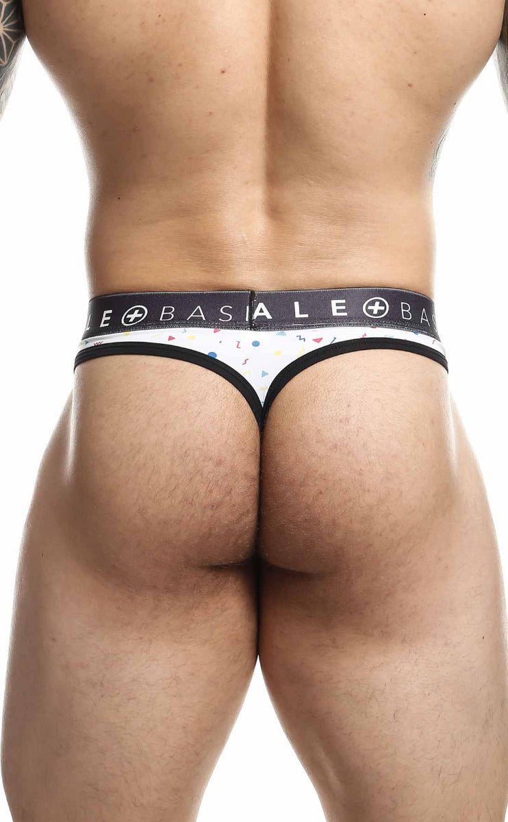 Malebasics mens thong sexy pouch white with black trim colorful confetti dots and basiale waistband branding