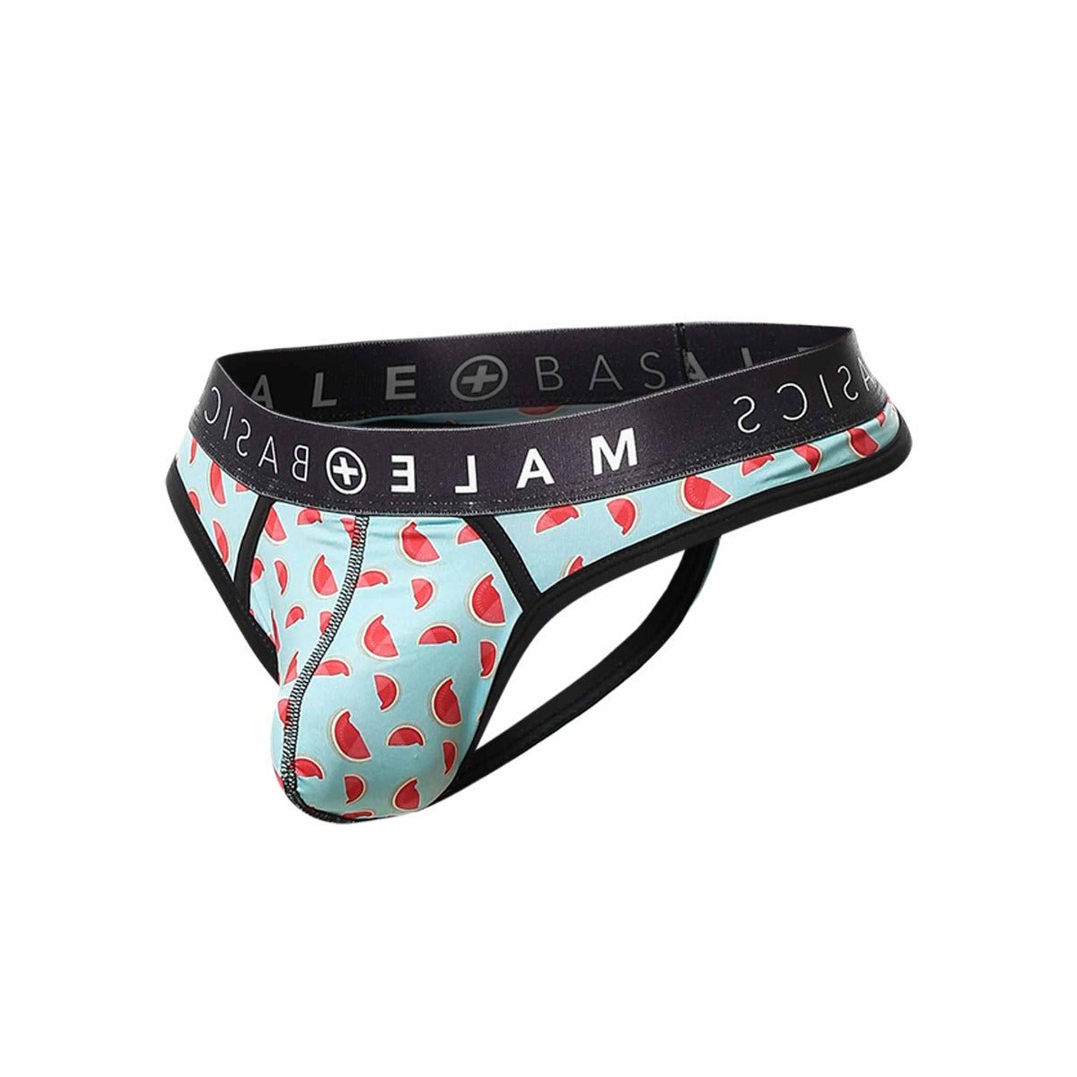 Malebasics mens thong sexy pouch light blue watermelon slice patterned briefs with black elastic waistband and straps